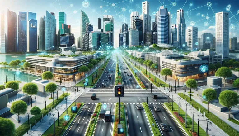 A very close up photorealistic image of a smart city resembling Singapore. The focus is on a specific area with visible roads a traffic light le212 News